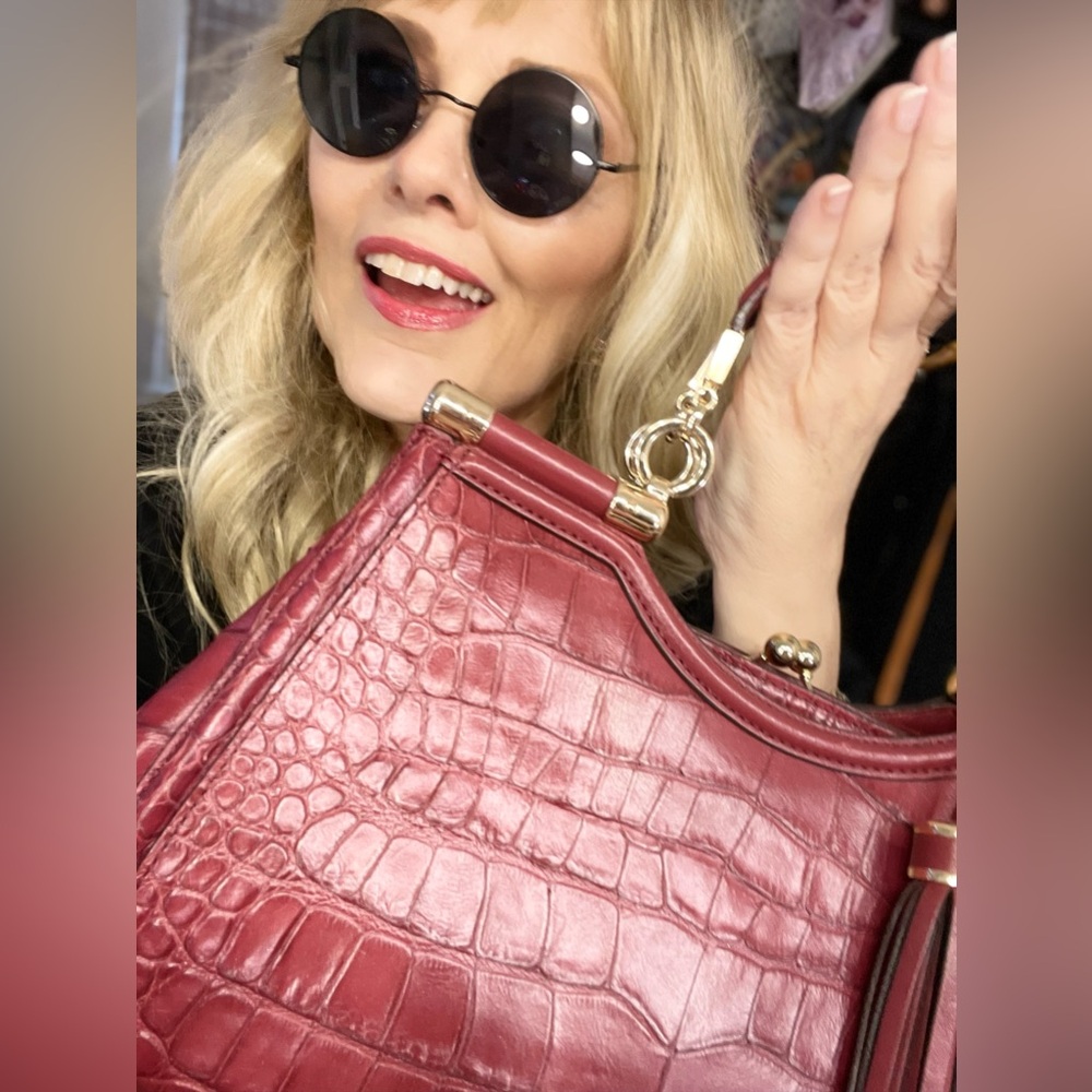 COACH 2013 Carrie Deep Red Croc Embossed Leather Kisslock Satchel w/Tassels